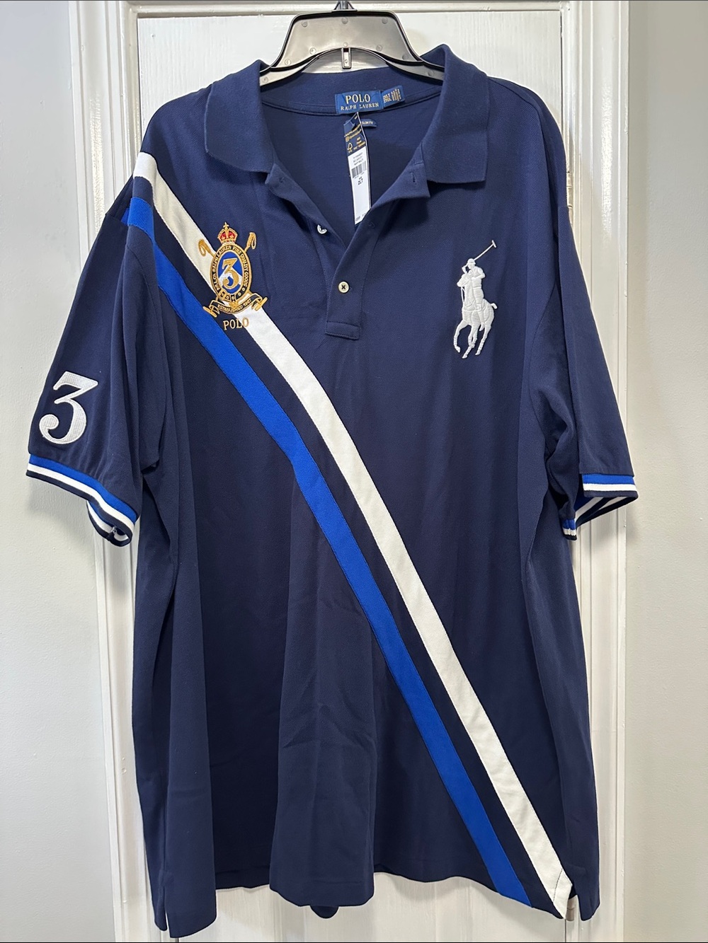 Polo by Ralph Lauren Navy Polo with White & Blue Diagonal Stripes and Crest